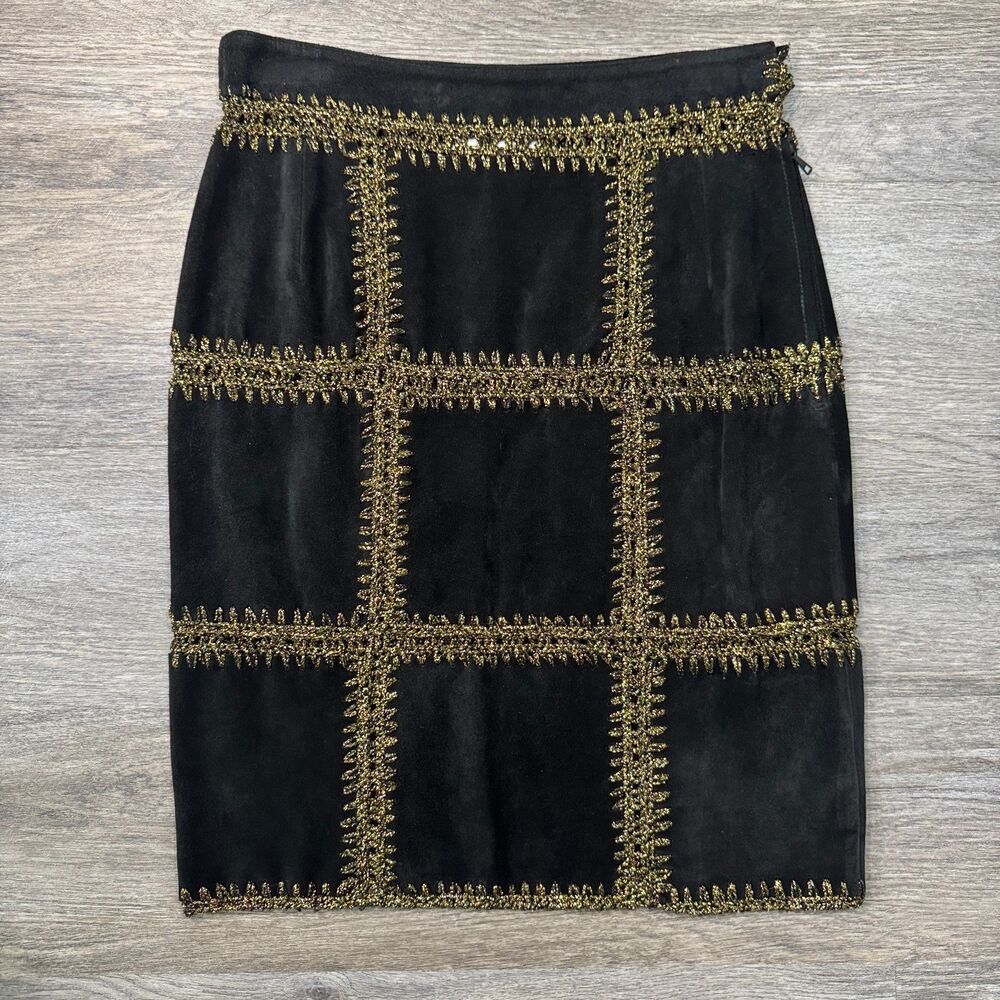 Franco Moschino Vintage Black Suede Leather Gold Embroidered Pencil Skirt IT 46